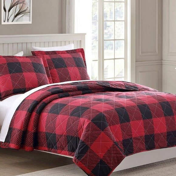 New Red & Black Buffalo Plaid Reversible Quilt Set • KING - Picture 1 of 3